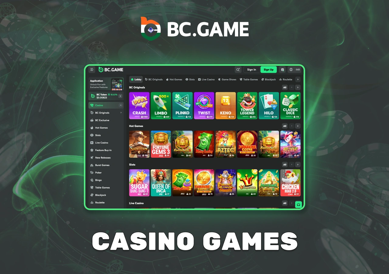 Variety of games at BC Game India online casino
